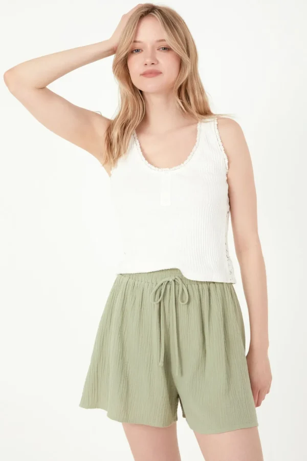 FREE THE ROSES Tops*- Henley Lace Trim Neck Top WHITE