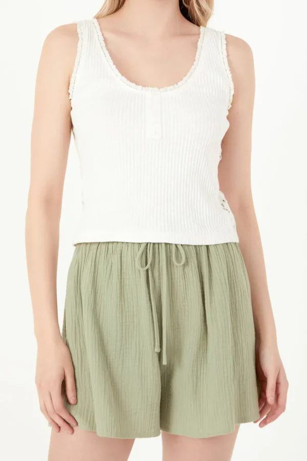 FREE THE ROSES Tops*- Henley Lace Trim Neck Top WHITE