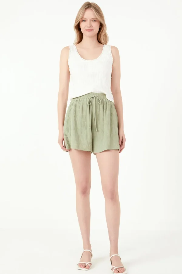 FREE THE ROSES Tops*- Henley Lace Trim Neck Top WHITE