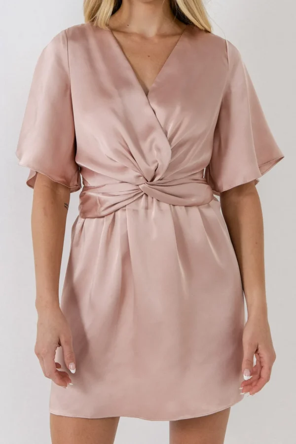 FREE THE ROSES Tops*- Knotted Satin Mini Dress DUSTYPINK