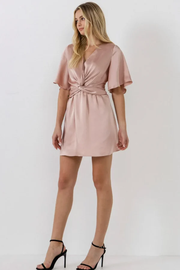 FREE THE ROSES Tops*- Knotted Satin Mini Dress DUSTYPINK