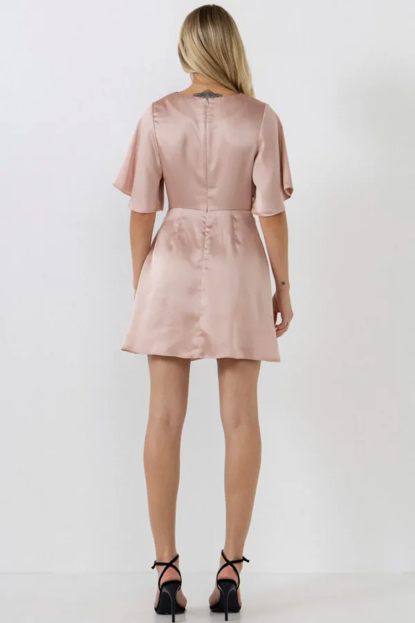 FREE THE ROSES Tops*- Knotted Satin Mini Dress DUSTYPINK