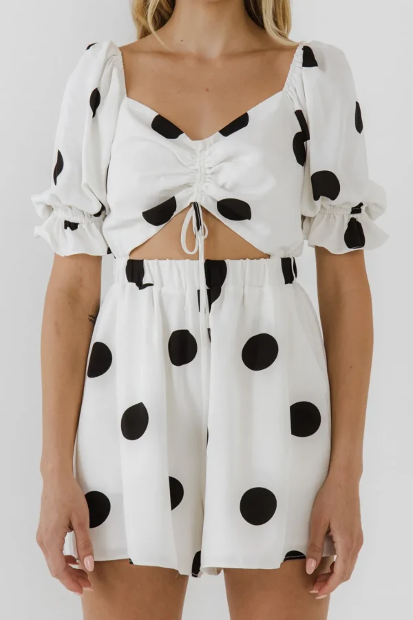FREE THE ROSES Tops*- Ruched Front Romper with Puff Sleeves WHITE