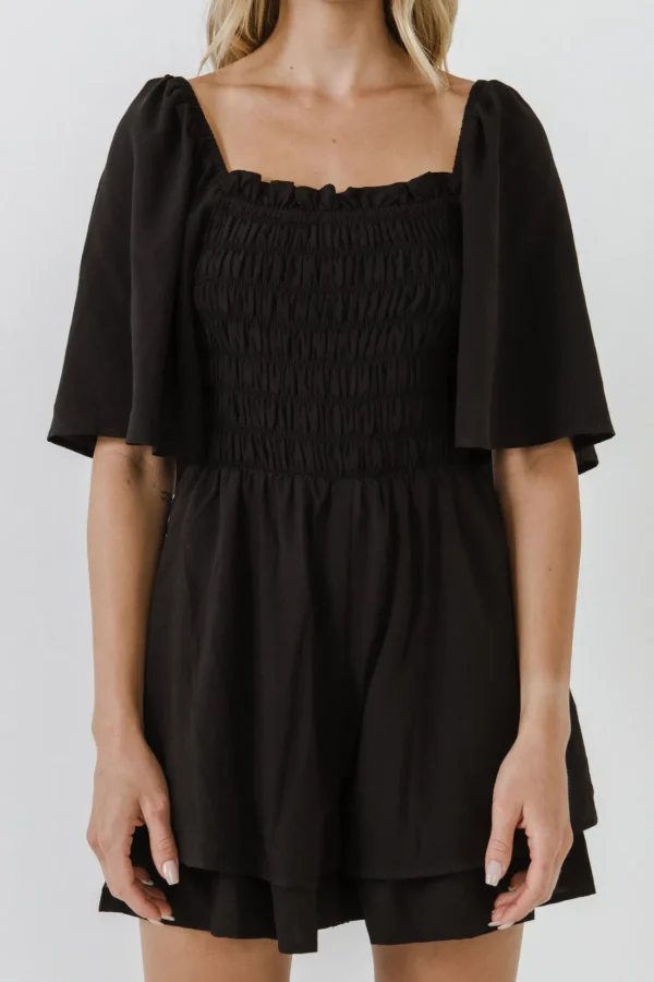 FREE THE ROSES Tops*- Smocked Detail Romper BLACK