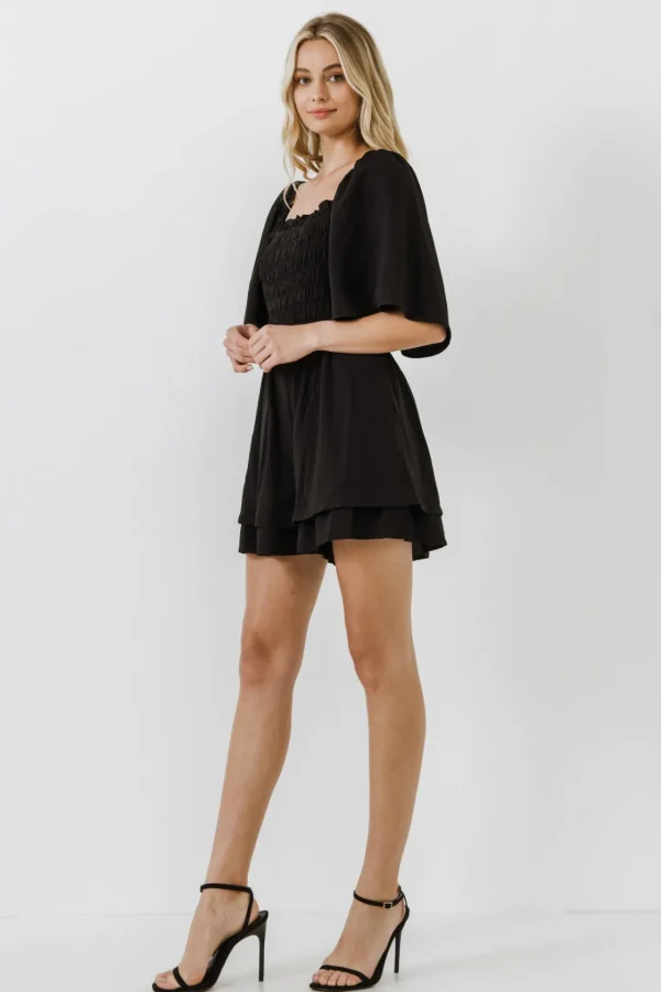 FREE THE ROSES Tops*- Smocked Detail Romper BLACK