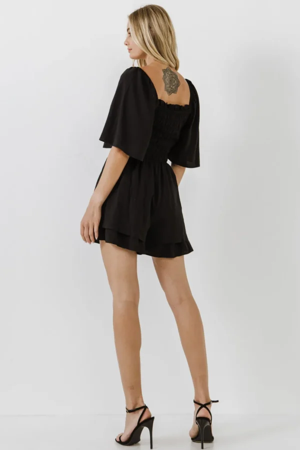 FREE THE ROSES Tops*- Smocked Detail Romper BLACK