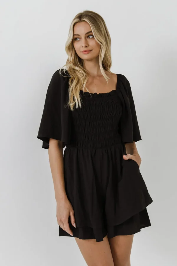 FREE THE ROSES Tops*- Smocked Detail Romper BLACK
