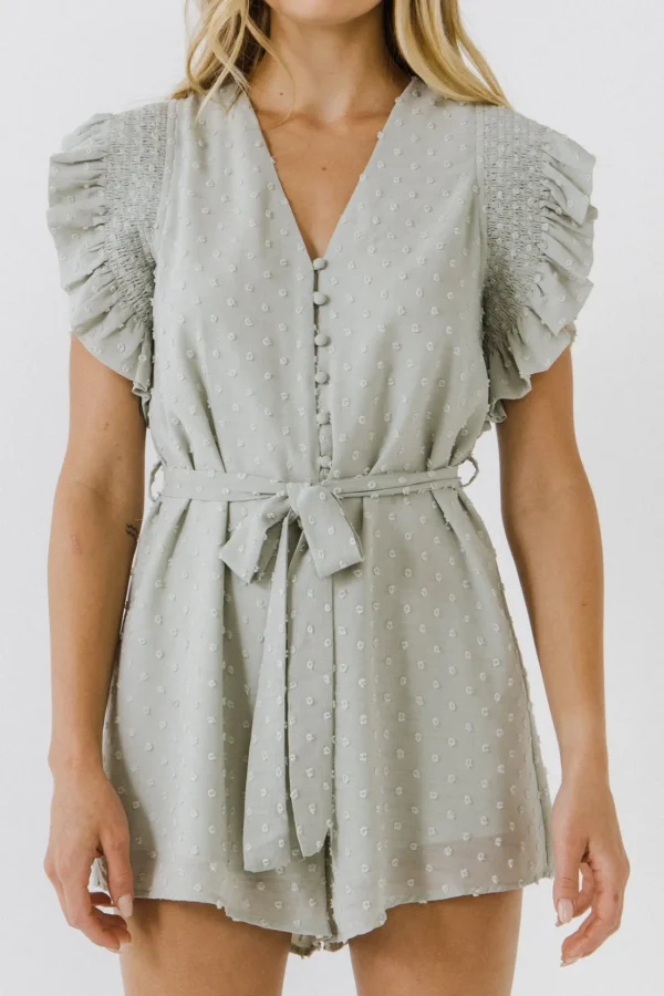 FREE THE ROSES Tops*- Swiss Dot Ruffle Detail Romper SAGE
