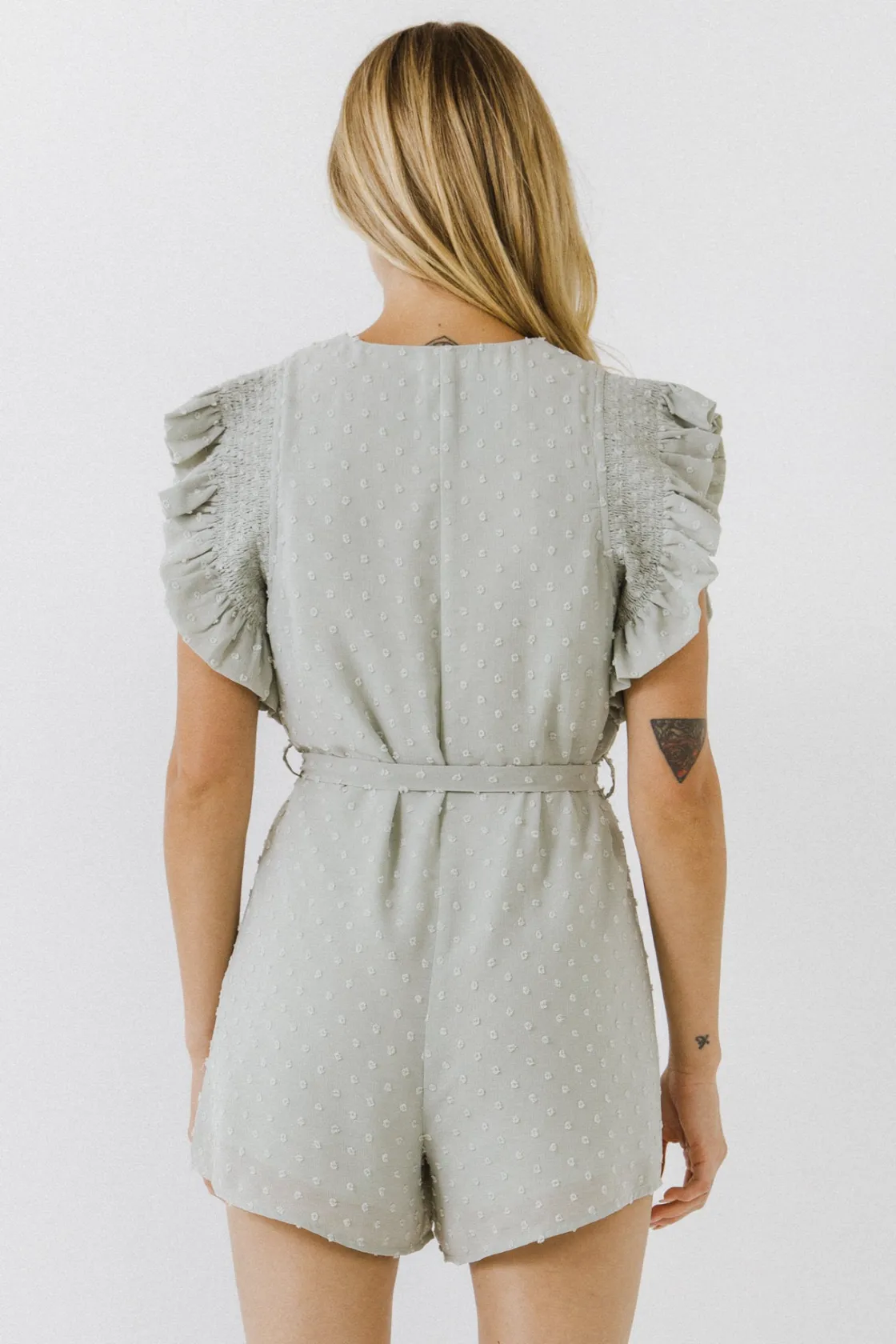 free_the_roses__swiss_dot_3.webp FREE THE ROSES Tops*- Swiss Dot Ruffle Detail Romper SAGE