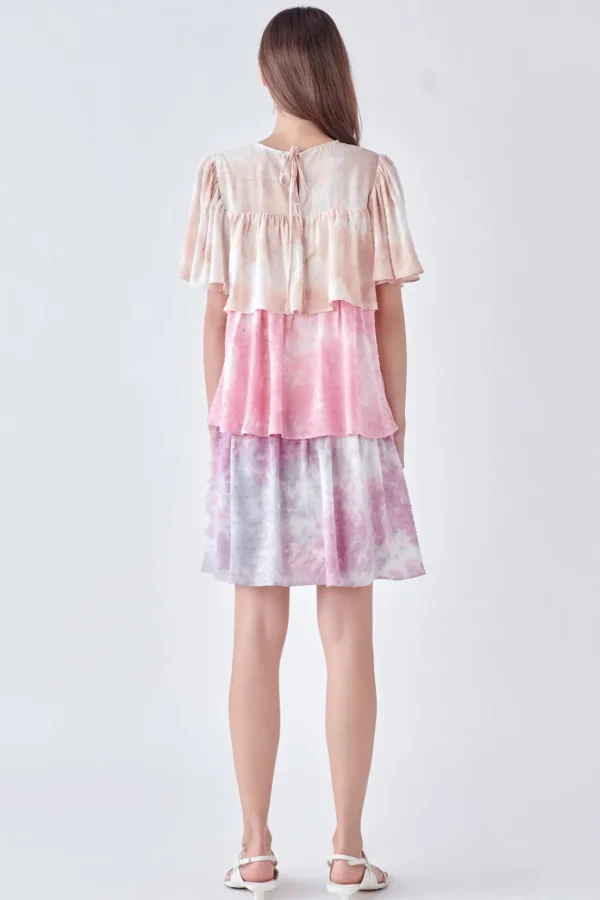 FREE THE ROSES Tops*- Tie Dye Swiss Dot Tiered Mini Dress MULTI
