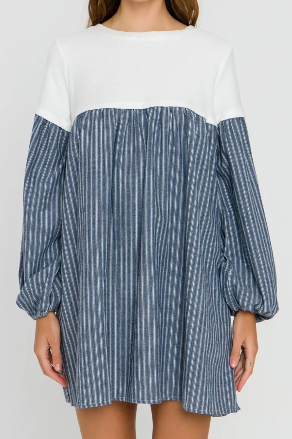 FREE THE ROSES Tops*- Yoke Combo Mini Dress NAVY