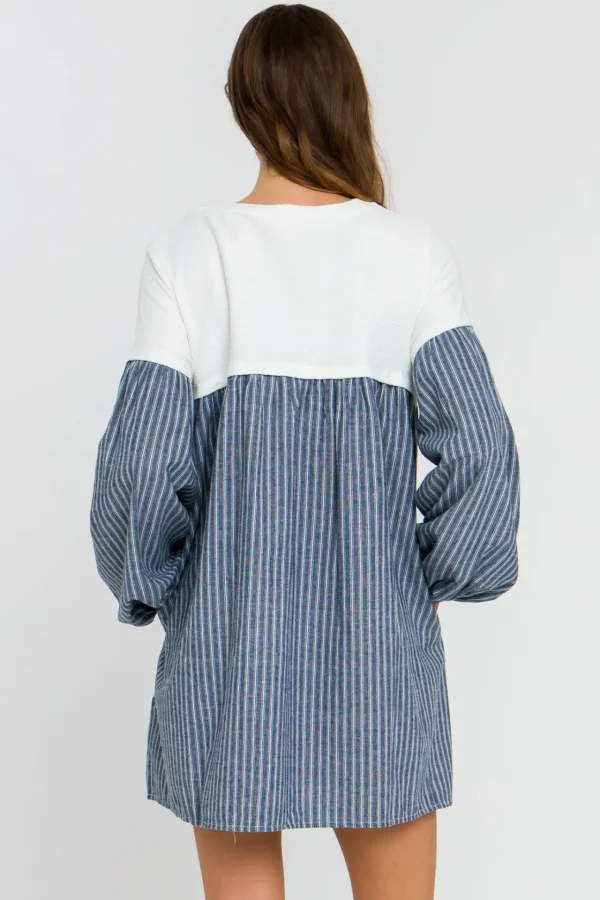 FREE THE ROSES Tops*- Yoke Combo Mini Dress NAVY