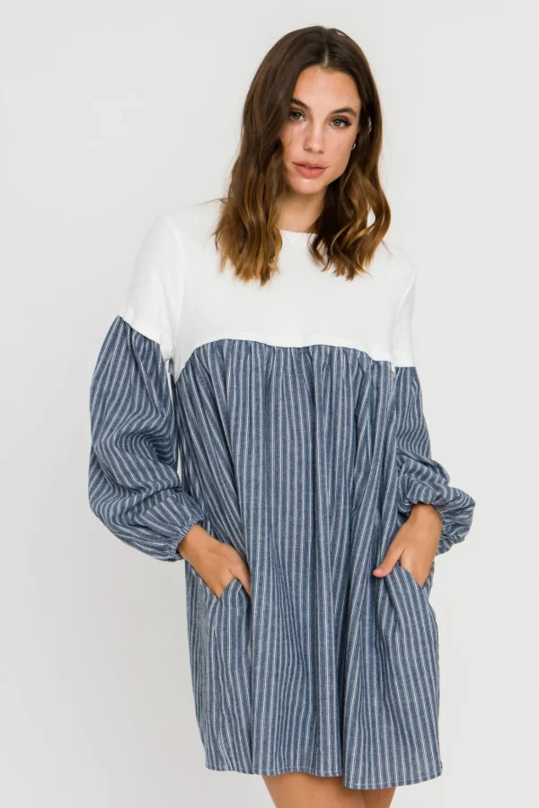 FREE THE ROSES Tops*- Yoke Combo Mini Dress NAVY