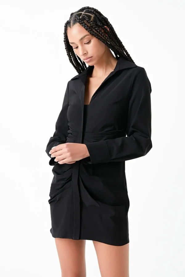GREY LAB Tops*- Collared Front Ruched Dress BLACK