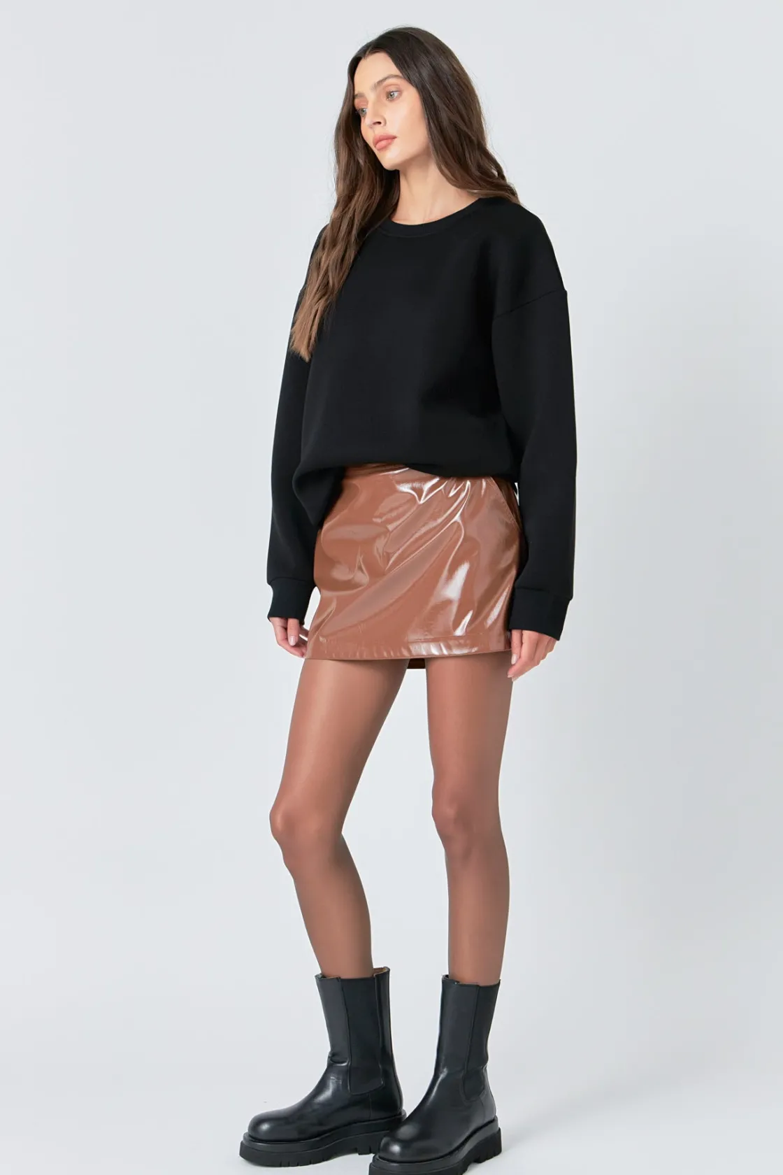 grey_lab__glossy_faux_lea_3.webp GREY LAB Tops*- Glossy Faux Leather Skort BROWN