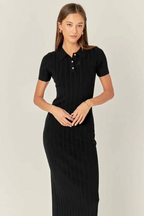 GREY LAB Tops*- Polo Collared Maxi Knit Dress BLACK
