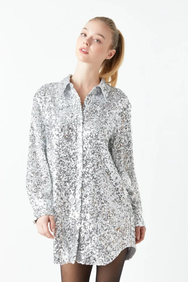 GREY LAB Tops*- Sequin Shirt Dress SILVER