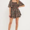 FREE THE ROSES Tops*Smocked Detail Romper BLACKMULTI