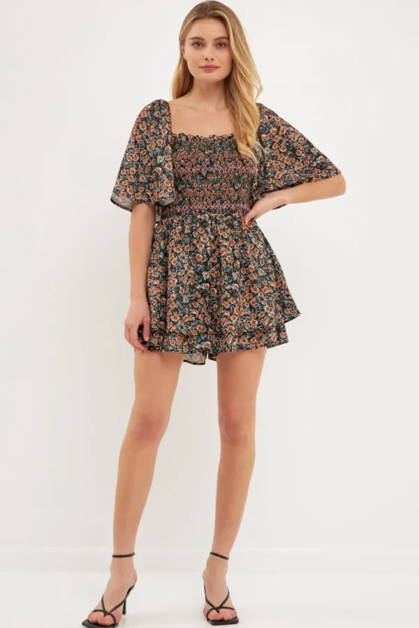 FREE THE ROSES Tops*Smocked Detail Romper BLACKMULTI