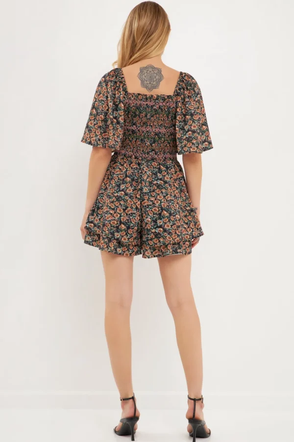 FREE THE ROSES Tops*Smocked Detail Romper BLACKMULTI