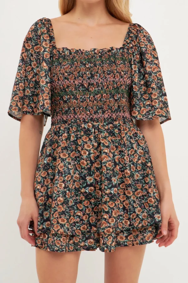 FREE THE ROSES Tops*Smocked Detail Romper BLACKMULTI