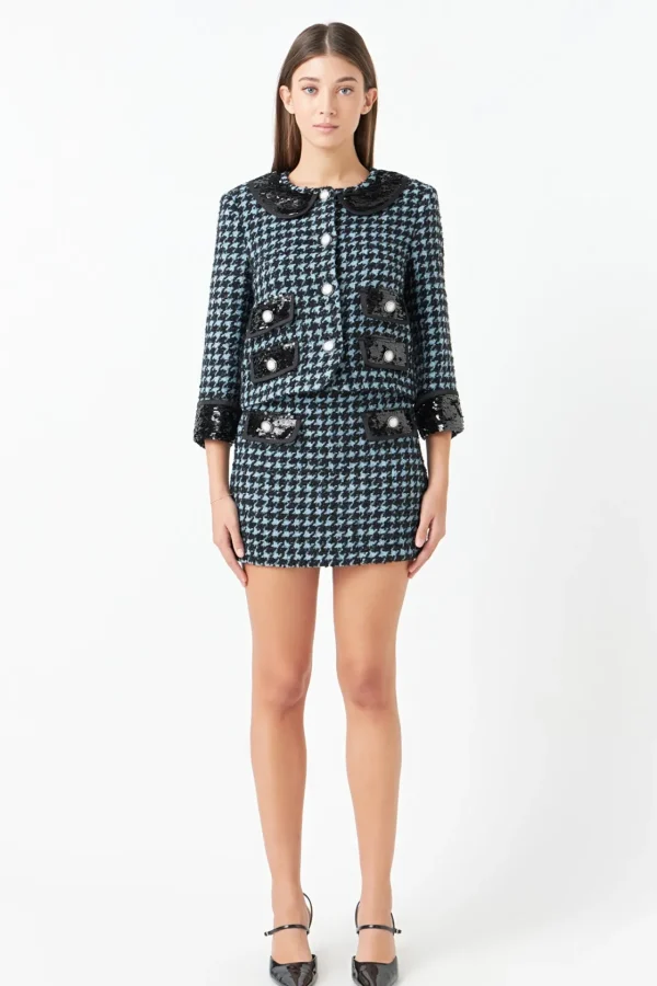 ENDLESS ROSE Skirts | Tops*- Premium Houndstooth Mini Skirt AQUA/BLACK