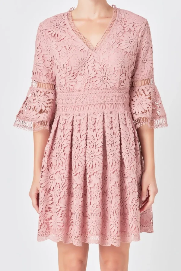 ENDLESS ROSE Lace Dresses | Tops*- All of Lace Bell Sleeve Dress DUSTYPINK