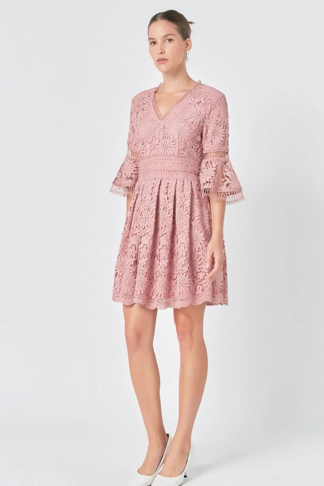 endless_rose__all_of_lace_1.webp ENDLESS ROSE Lace Dresses | Tops*- All of Lace Bell Sleeve Dress DUSTYPINK