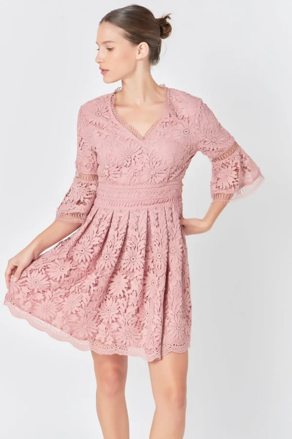 ENDLESS ROSE Lace Dresses | Tops*- All of Lace Bell Sleeve Dress DUSTYPINK