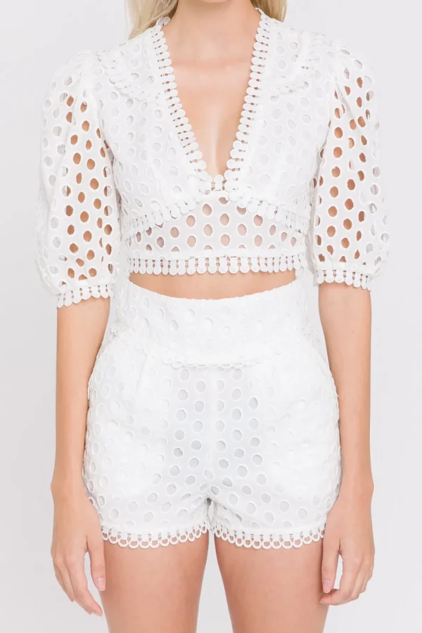 ENDLESS ROSE Shirts & Blouses | Tops*- All Over Eyelet Puff Sleeve Blouse WHITE