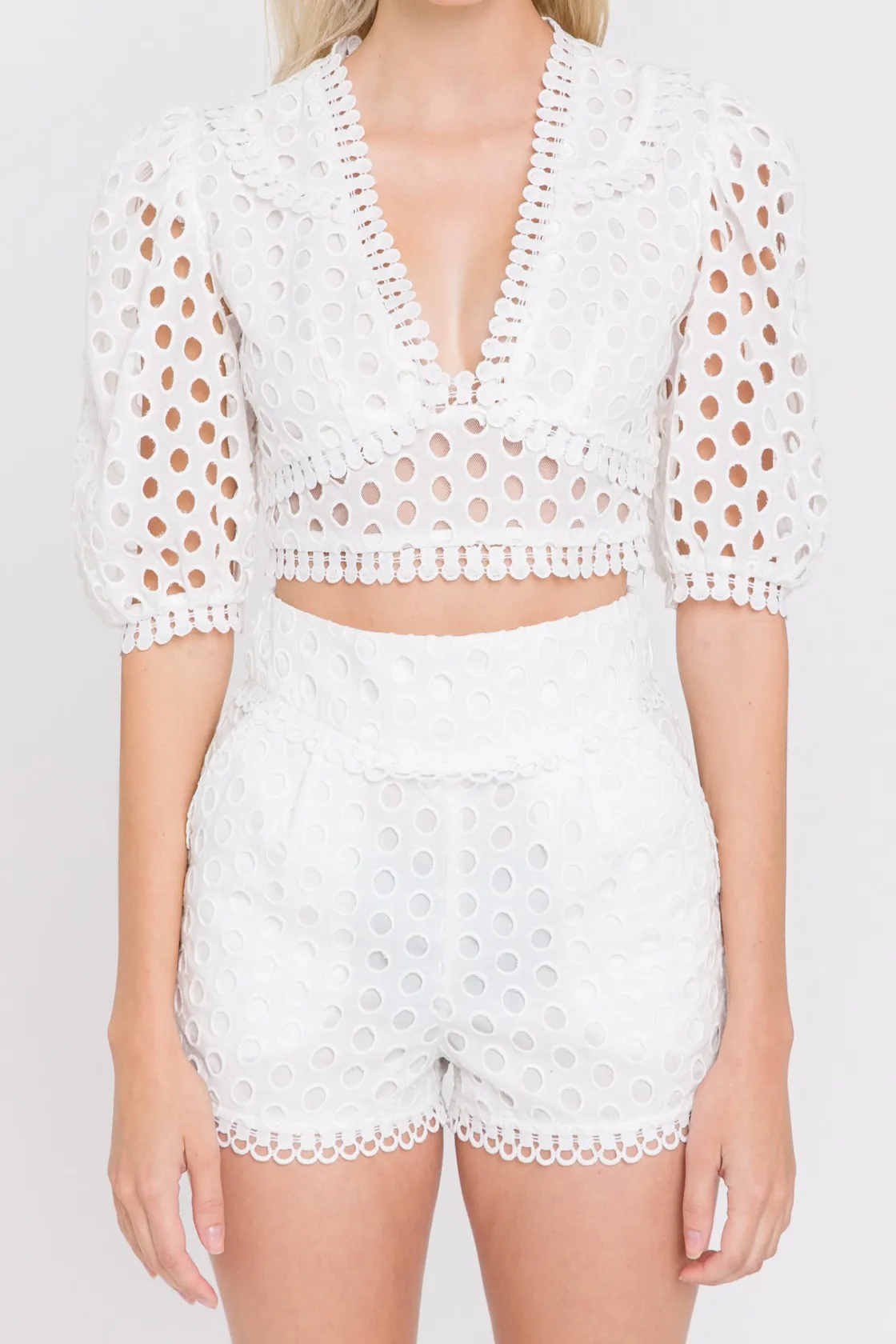 endless_rose__all_over_ey_0.webp ENDLESS ROSE Shirts & Blouses | Tops*- All Over Eyelet Puff Sleeve Blouse WHITE