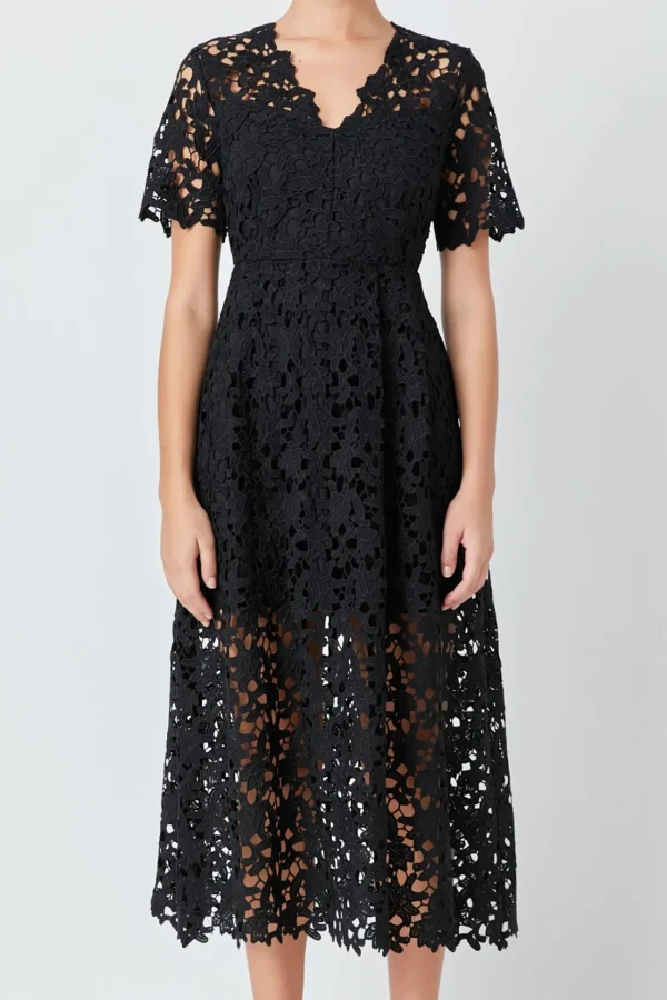 ENDLESS ROSE Lace Dresses | White Dresses*- All Over Lace Short Sleeves Midi Dress