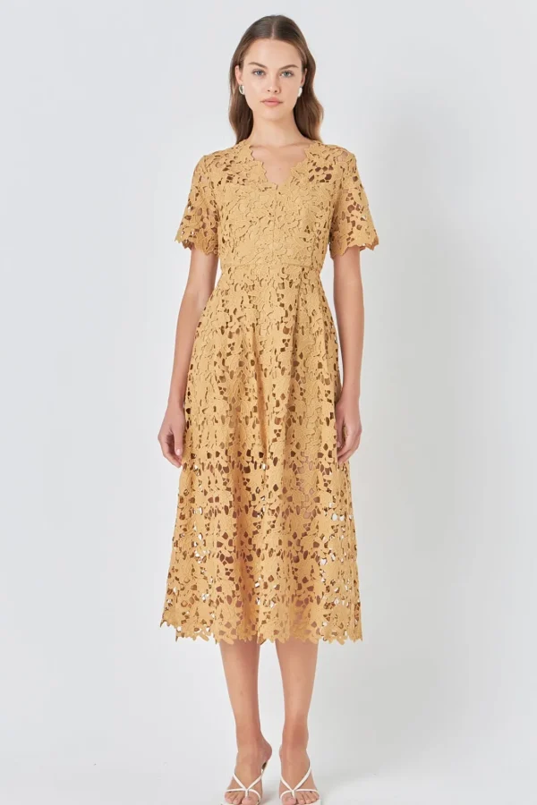 ENDLESS ROSE Lace Dresses | White Dresses*- All Over Lace Short Sleeves Midi Dress