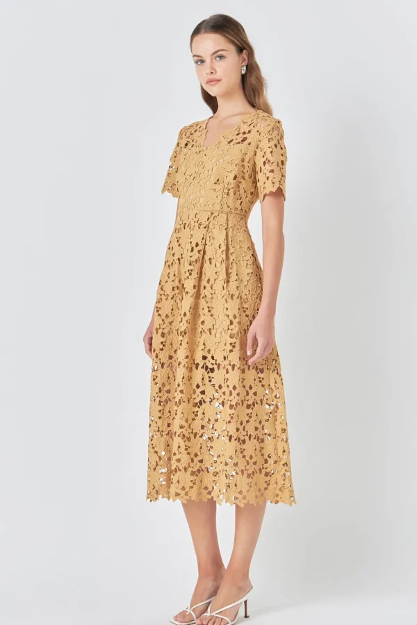 ENDLESS ROSE Lace Dresses | White Dresses*- All Over Lace Short Sleeves Midi Dress