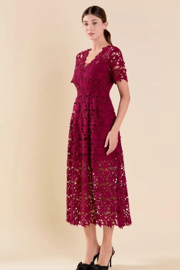 ENDLESS ROSE Lace Dresses | White Dresses*- All Over Lace Short Sleeves Midi Dress