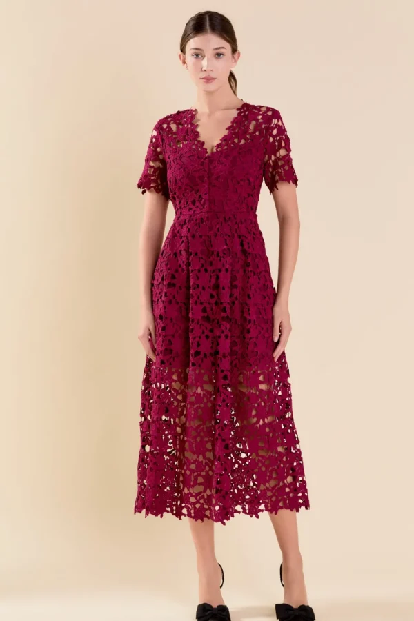 ENDLESS ROSE Lace Dresses | White Dresses*- All Over Lace Short Sleeves Midi Dress