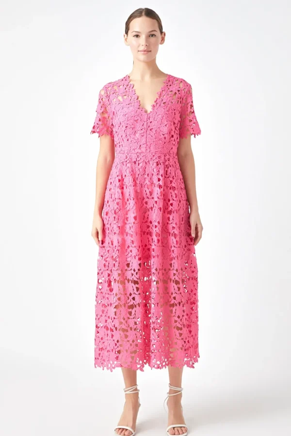 ENDLESS ROSE Lace Dresses | White Dresses*- All Over Lace Short Sleeves Midi Dress