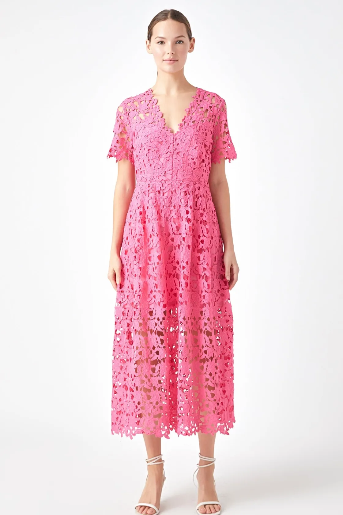 endless_rose__all_over_la_24.webp ENDLESS ROSE Lace Dresses | White Dresses*- All Over Lace Short Sleeves Midi Dress