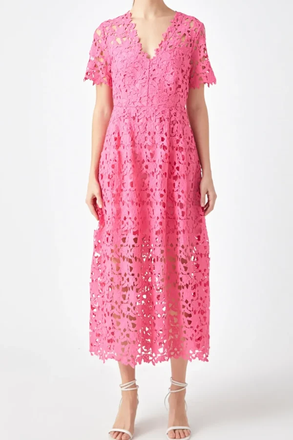 ENDLESS ROSE Lace Dresses | White Dresses*- All Over Lace Short Sleeves Midi Dress