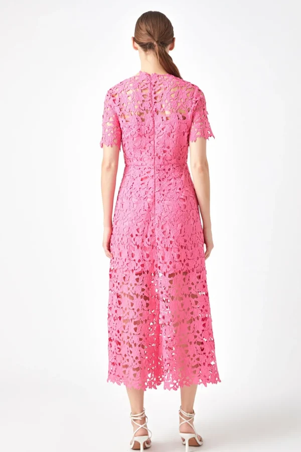 ENDLESS ROSE Lace Dresses | White Dresses*- All Over Lace Short Sleeves Midi Dress