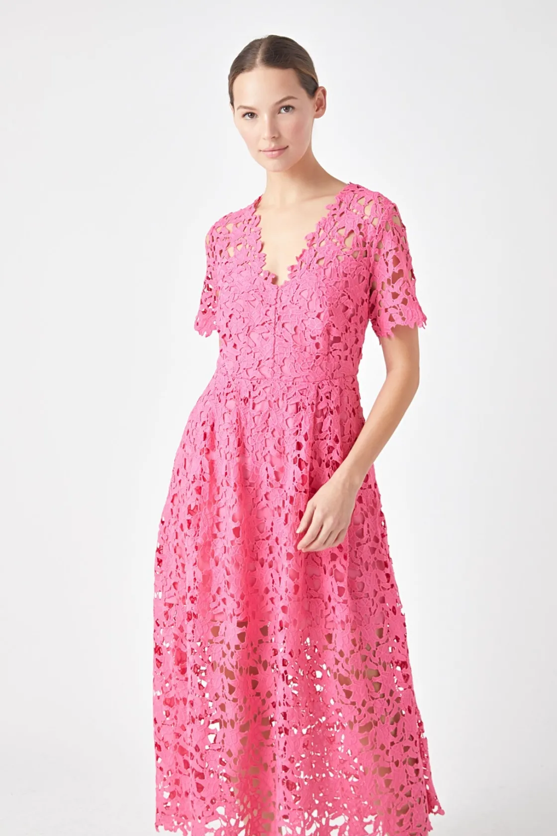 endless_rose__all_over_la_28.webp ENDLESS ROSE Lace Dresses | White Dresses*- All Over Lace Short Sleeves Midi Dress