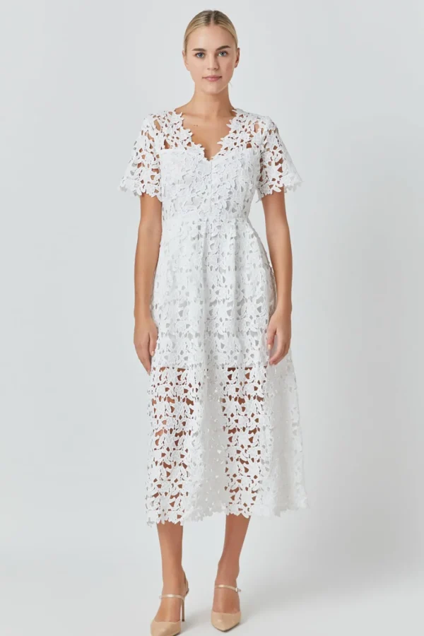 ENDLESS ROSE Lace Dresses | White Dresses*- All Over Lace Short Sleeves Midi Dress
