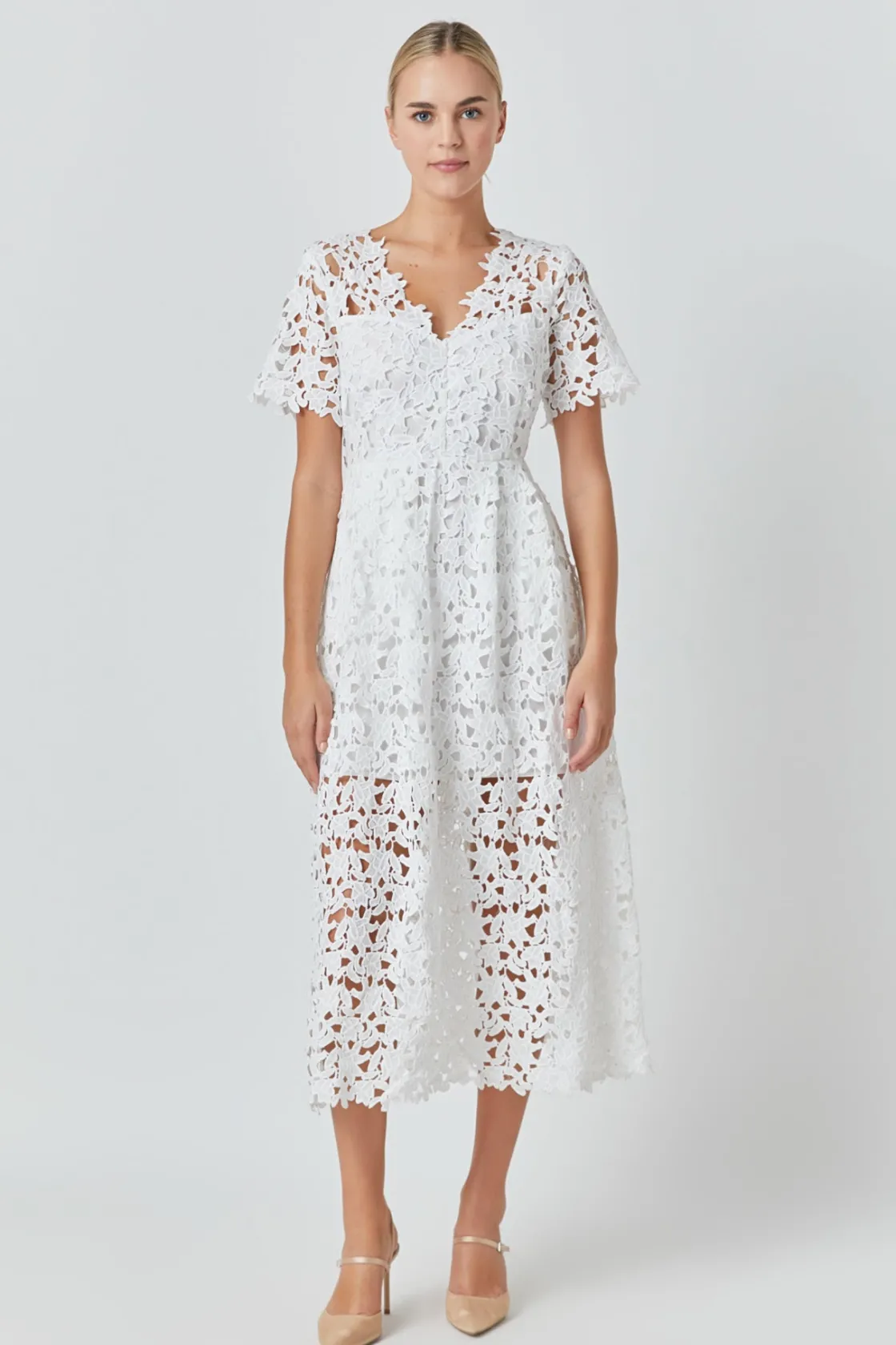 endless_rose__all_over_la_4.webp ENDLESS ROSE Lace Dresses | White Dresses*- All Over Lace Short Sleeves Midi Dress