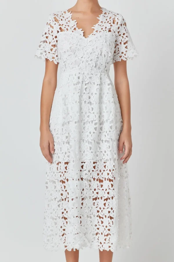 ENDLESS ROSE Lace Dresses | White Dresses*- All Over Lace Short Sleeves Midi Dress