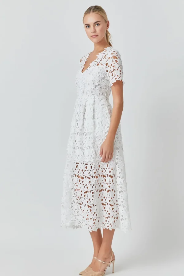 ENDLESS ROSE Lace Dresses | White Dresses*- All Over Lace Short Sleeves Midi Dress