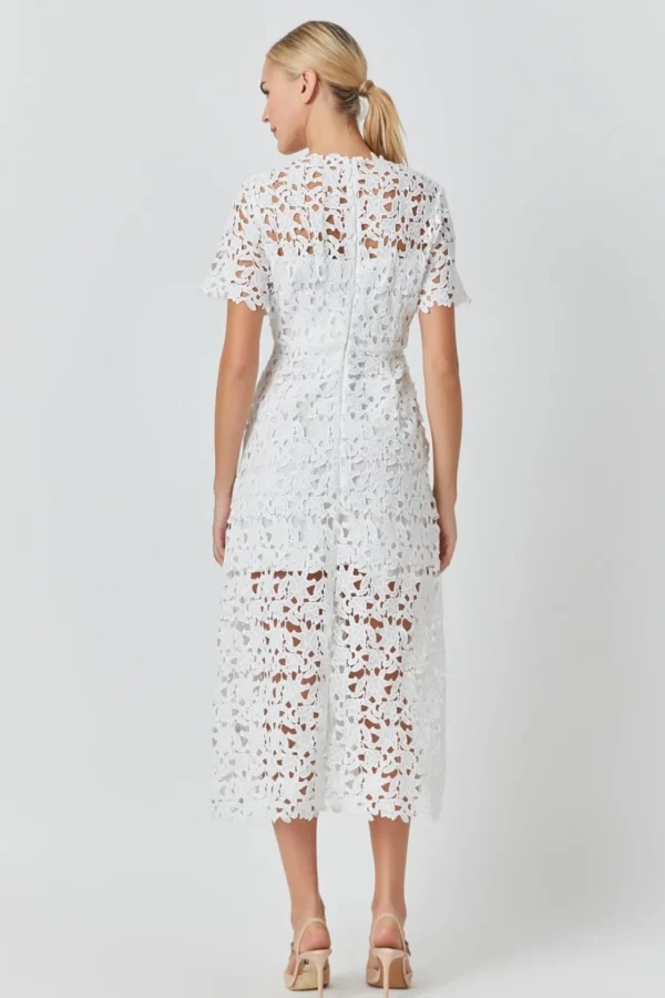 ENDLESS ROSE Lace Dresses | White Dresses*- All Over Lace Short Sleeves Midi Dress