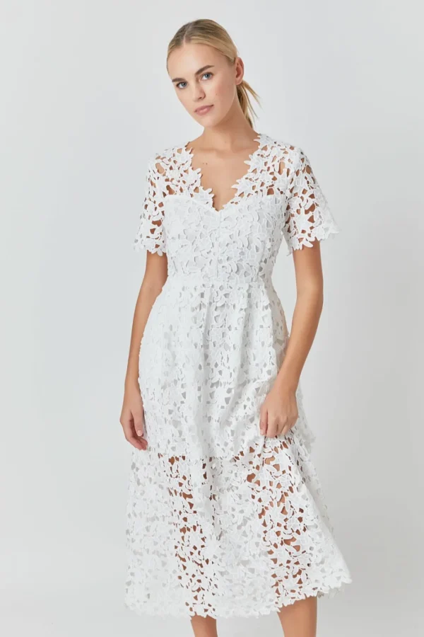 ENDLESS ROSE Lace Dresses | White Dresses*- All Over Lace Short Sleeves Midi Dress