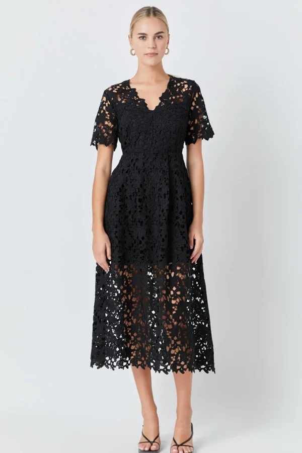ENDLESS ROSE Lace Dresses | White Dresses*- All Over Lace Short Sleeves Midi Dress