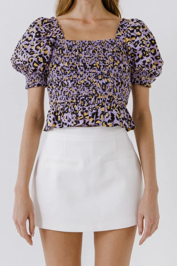 ENDLESS ROSE Tops*- Animal Print Smocked Top PURPLEMULTI