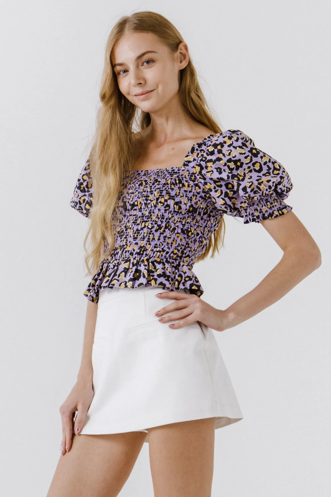 endless_rose__animal_prin_1.webp ENDLESS ROSE Tops*- Animal Print Smocked Top PURPLEMULTI